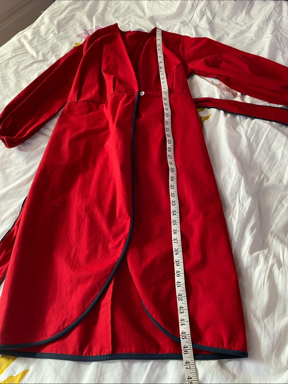 Women's Red Wrap Trench Coat with Contrast Edge and Tie Belt - Picture 11 of 12